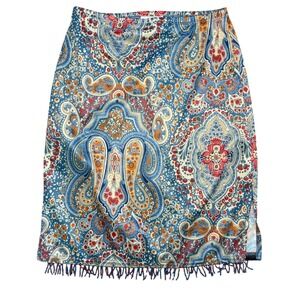 LA MOVERS Vintage Y2K Blue Paisley Beaded Fringe Midi Skirt Womens S Boho 90s